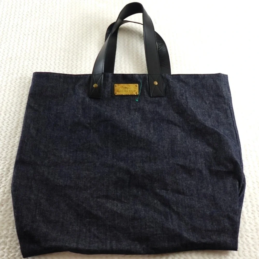MICHAEL ARAM HAMMERED METAL LOGO TOTE BAG DENIM WITH LEATHER STRAPS